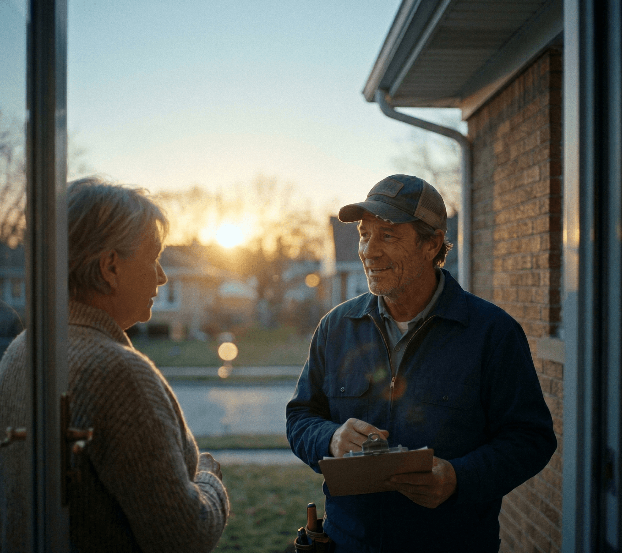 A contractor arriving at a residential doorstep